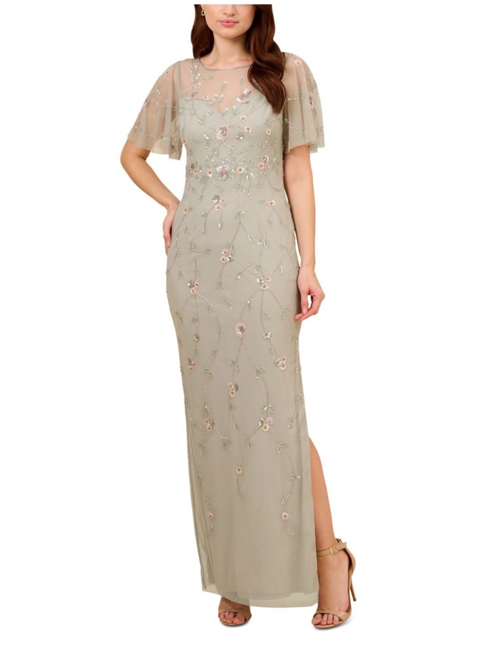 Adrianna Papell Women's Beaded Flutter-Sleeve Gown
